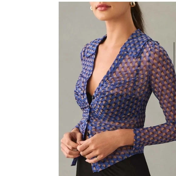 Maeve by Anthropologie sheer Blue Dot button down blouse - Picture 2 of 6